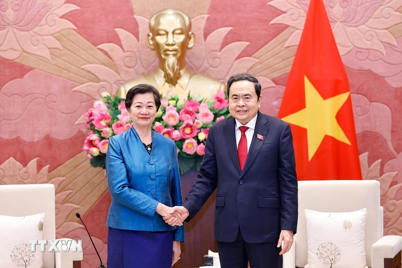 Chủ tịch Quốc hội Trần Thanh Mẫn tiếp Đại sứ Vương quốc Campuchia tại Việt Nam Chea Kimtha đến ch&agrave;o từ biệt nh&acirc;n dịp kết th&uacute;c nhiệm kỳ c&ocirc;ng t&aacute;c. (Ảnh: Do&atilde;n Tấn/TTXVN)