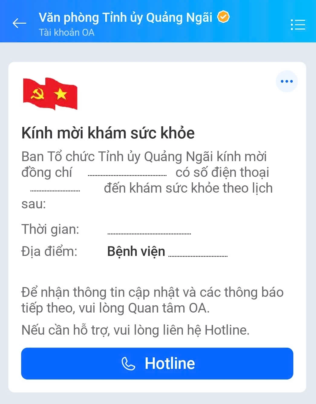 Mẫu tin nhắn Zalo OA thông báo lịch khám sức khỏe định kỳ thay cho thư mời giấy.