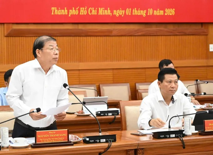Phó Trưởng Ban Nội chính Thành ủy TPHCM Nguyễn Thanh Sang báo cáo tại phiên họp. ﻿Ảnh: VIỆT DŨNG
