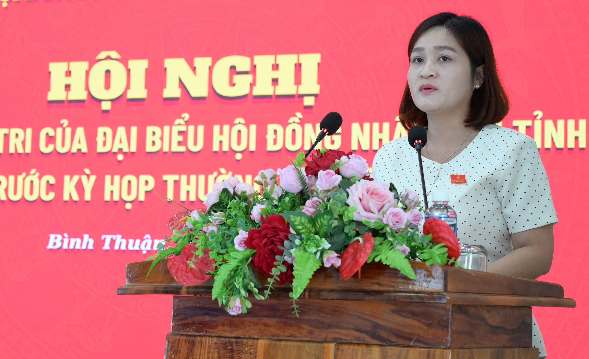 Bà Ngô Thị Thanh Phương, Phó Bí thư Thường trực Đảng ủy phường Hàm Thắng báo cáo tại buổi tiếp xúc