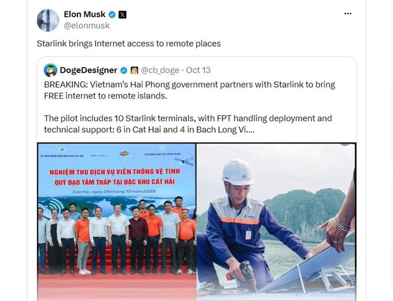 Tỷ phú Elon Musk chia sẻ thông tin Hải Phòng lắp đặt Internet vệ tinh Starlink tại đảo- Ảnh 1.